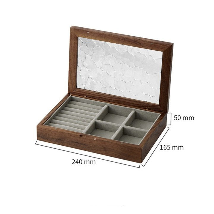 Walnut Jewelry Box with Ripple Glass Lid Soft Velvet Interior and Removable Divider for Earrings Rings and Necklaces