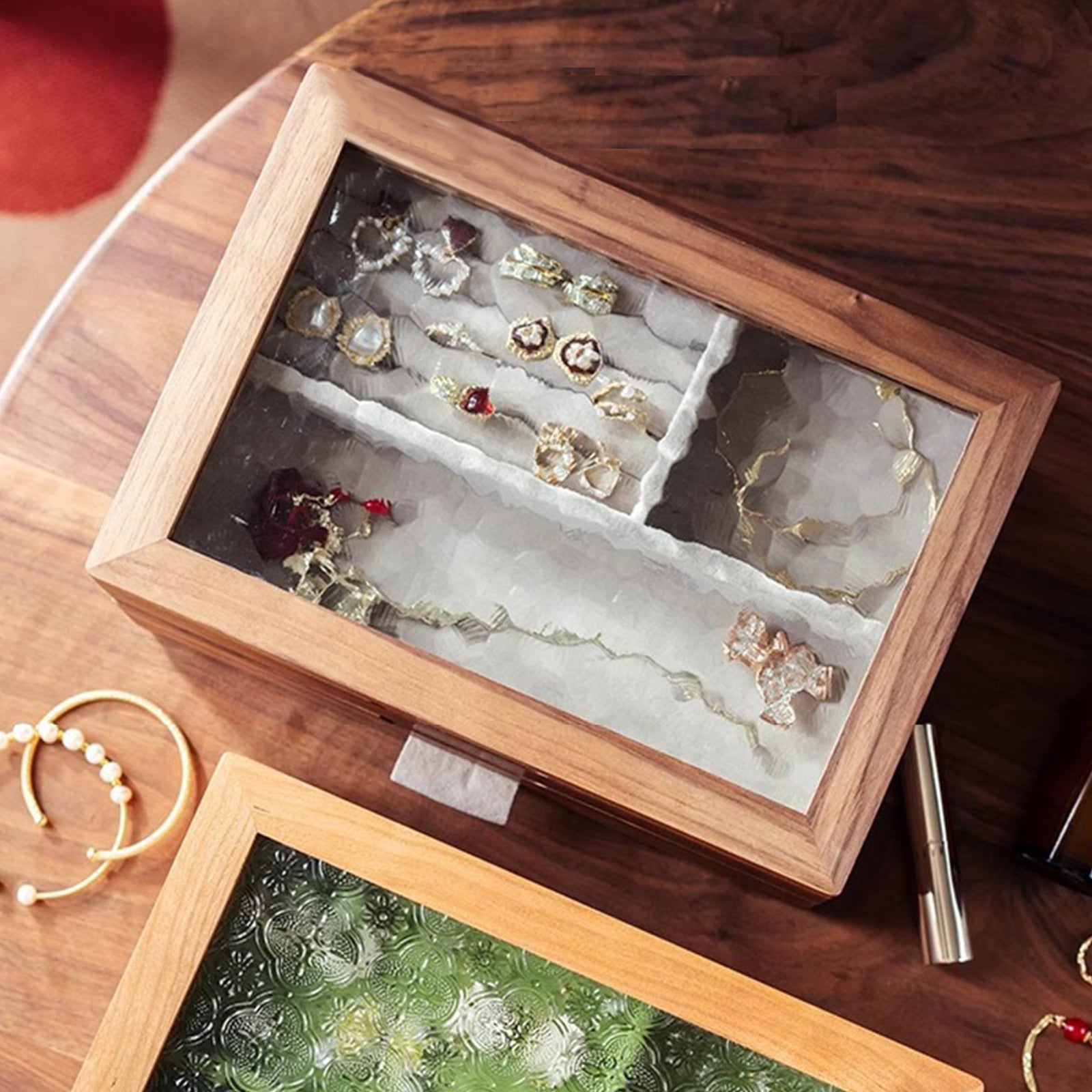 Wooden Jewelry Box Double Layer with Magnetic Closure Solid Wood Storage Organizer for Women