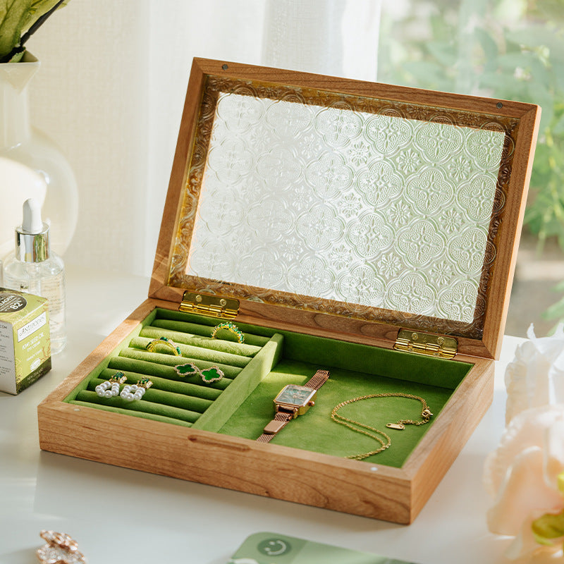 Handcrafted Wooden Jewelry Organizer with Glass Display & Secure Magnetic Closure