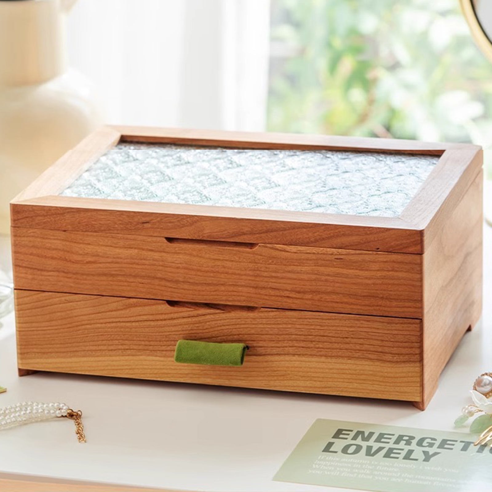 Wooden Jewelry Box Double Layer with Magnetic Closure Solid Wood Storage Organizer for Women