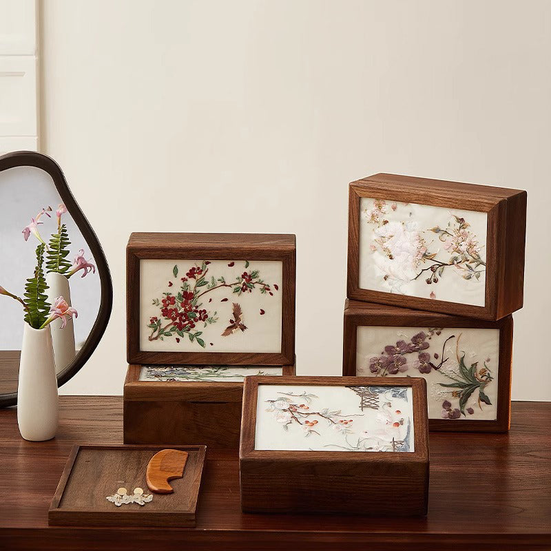 Handcrafted Solid Wood Jewelry Box – Chinese Embroidery, Dual Layer Storage for Daily Use or Gifting