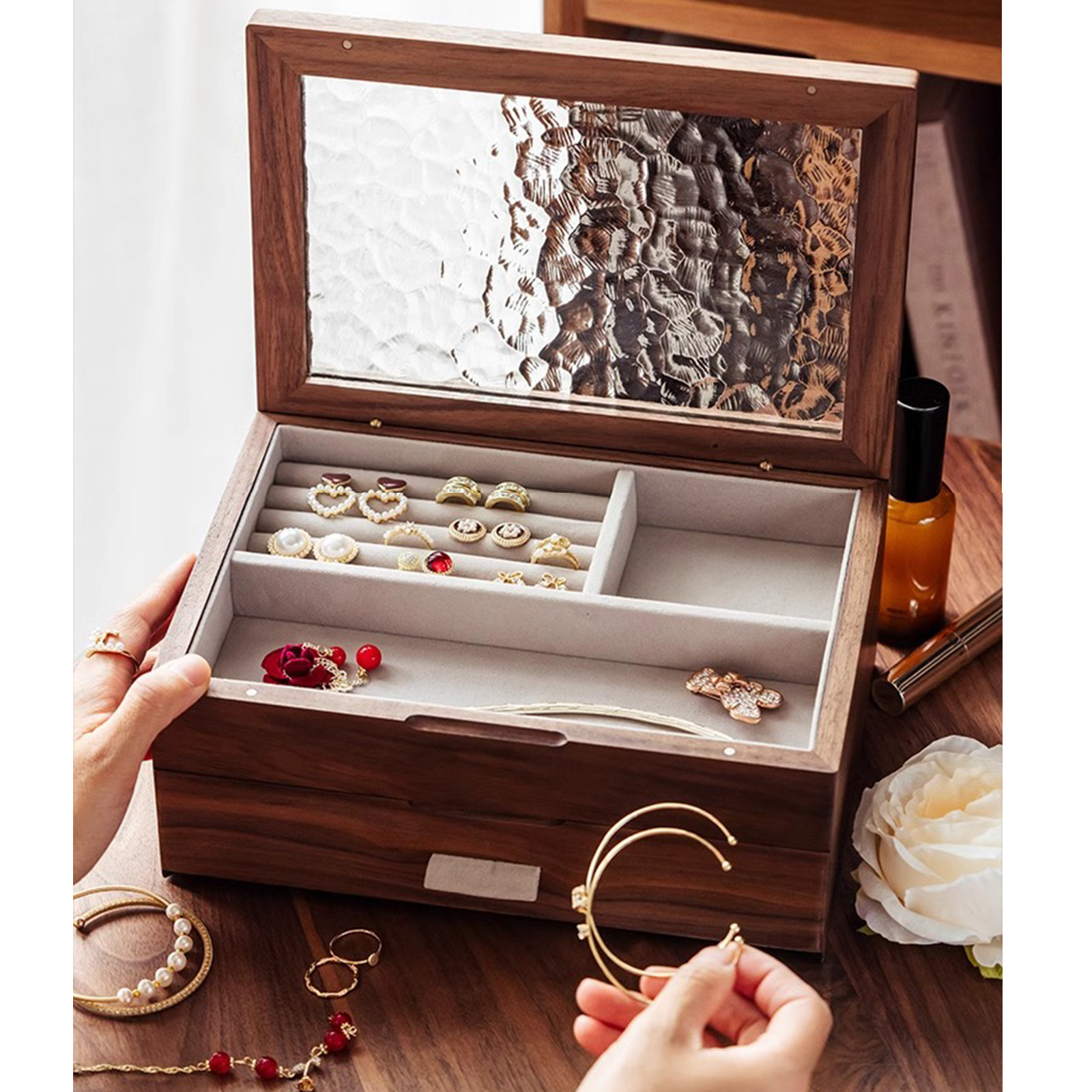Wooden Jewelry Box Double Layer with Magnetic Closure Solid Wood Storage Organizer for Women