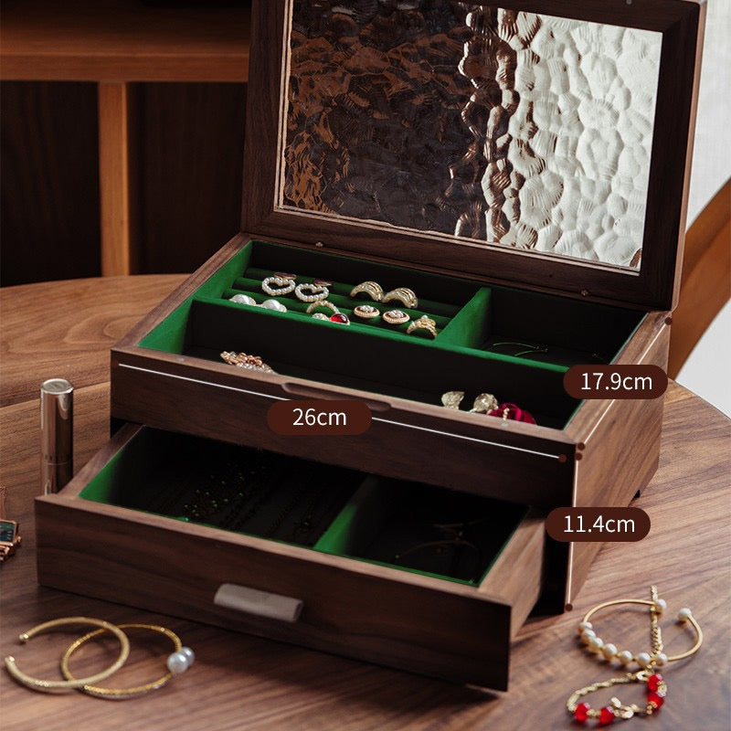 Wooden Jewelry Box Double Layer with Magnetic Closure Solid Wood Storage Organizer for Women