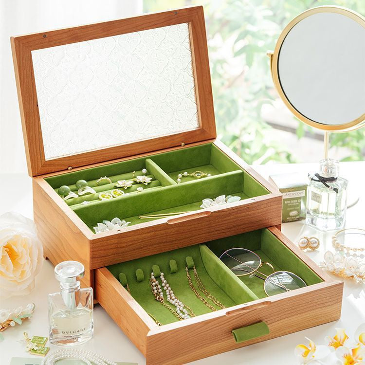 Wooden Jewelry Box Double Layer with Magnetic Closure Solid Wood Storage Organizer for Women