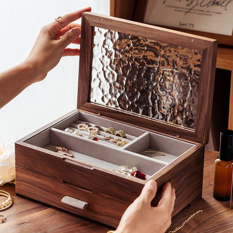 Wooden Jewelry Box Double Layer with Magnetic Closure Solid Wood Storage Organizer for Women