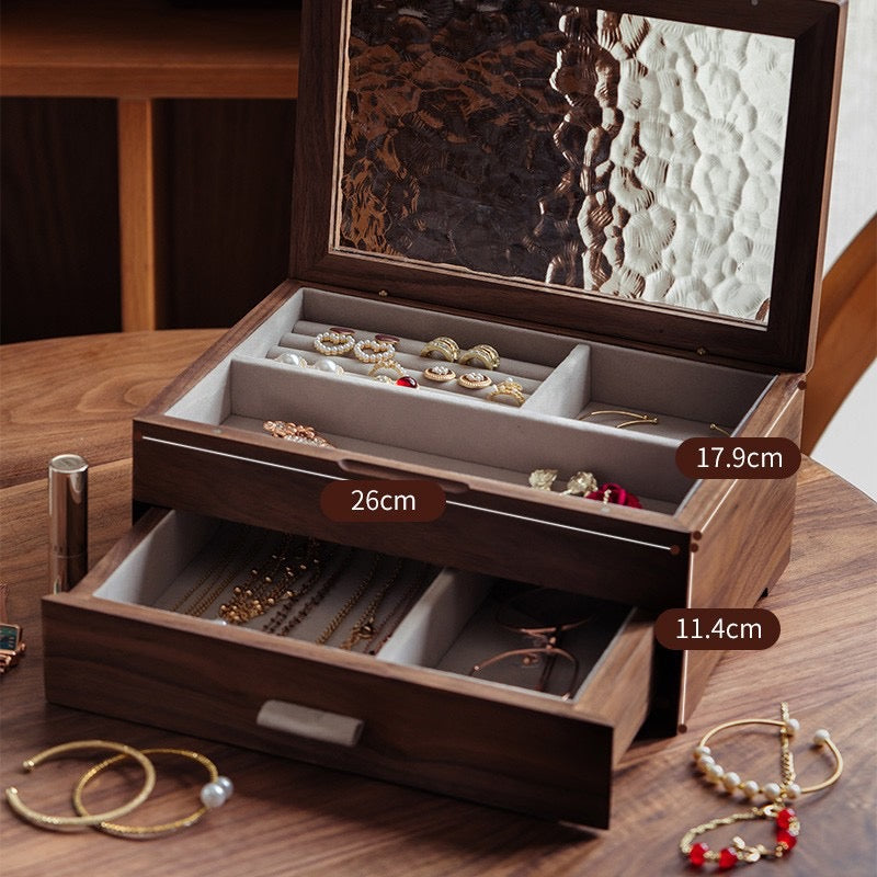 Wooden Jewelry Box Double Layer with Magnetic Closure Solid Wood Storage Organizer for Women