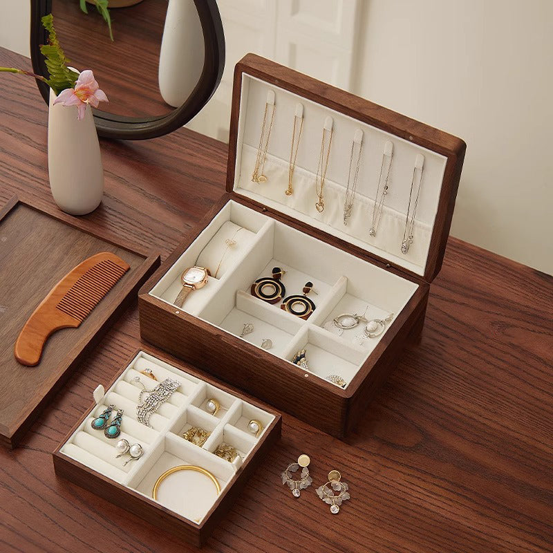 Handcrafted Solid Wood Jewelry Box – Chinese Embroidery, Dual Layer Storage for Daily Use or Gifting