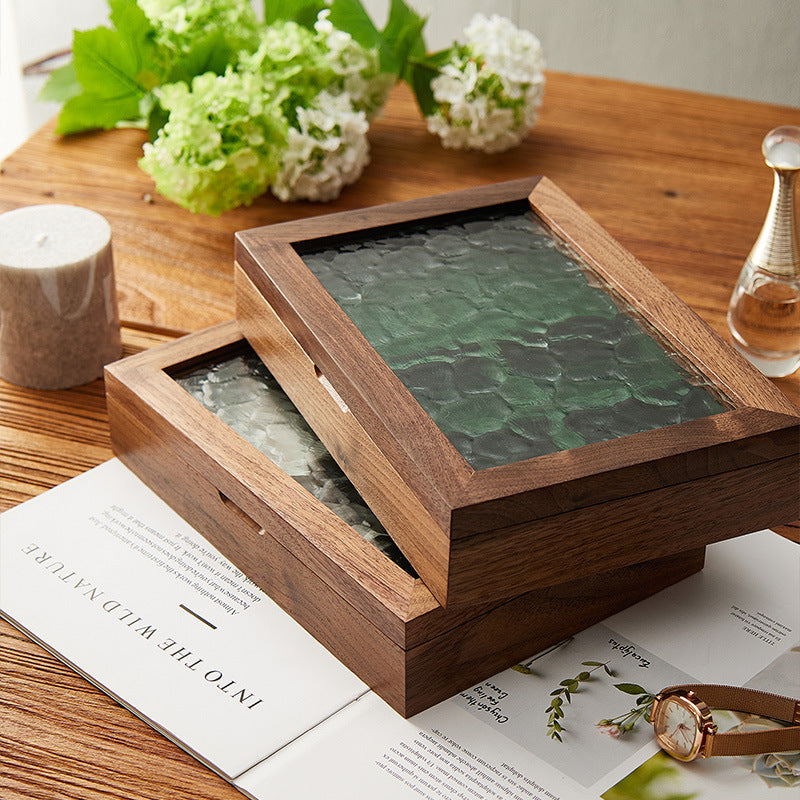 Walnut Jewelry Box with Ripple Glass Lid Soft Velvet Interior and Removable Divider for Earrings Rings and Necklaces