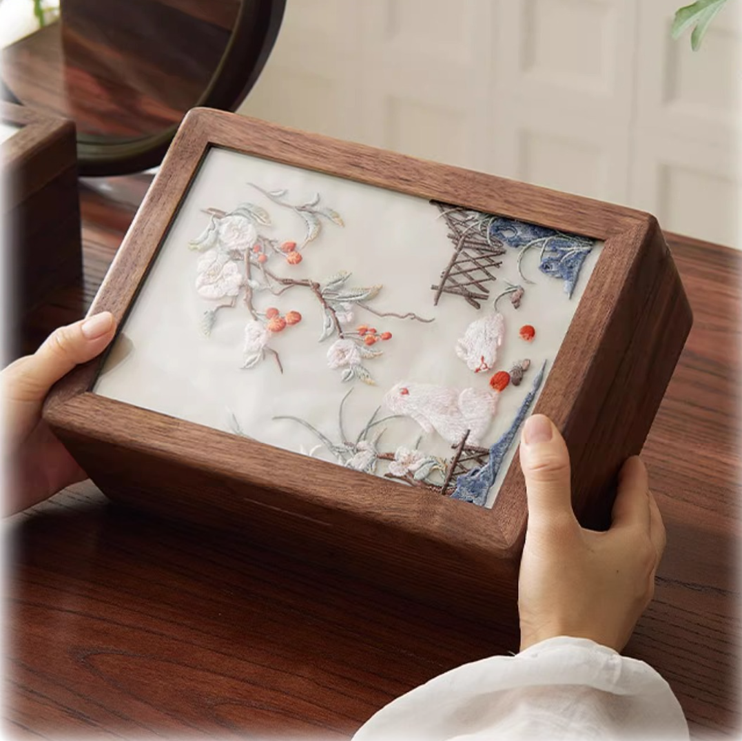 Handcrafted Solid Wood Jewelry Box – Chinese Embroidery, Dual Layer Storage for Daily Use or Gifting