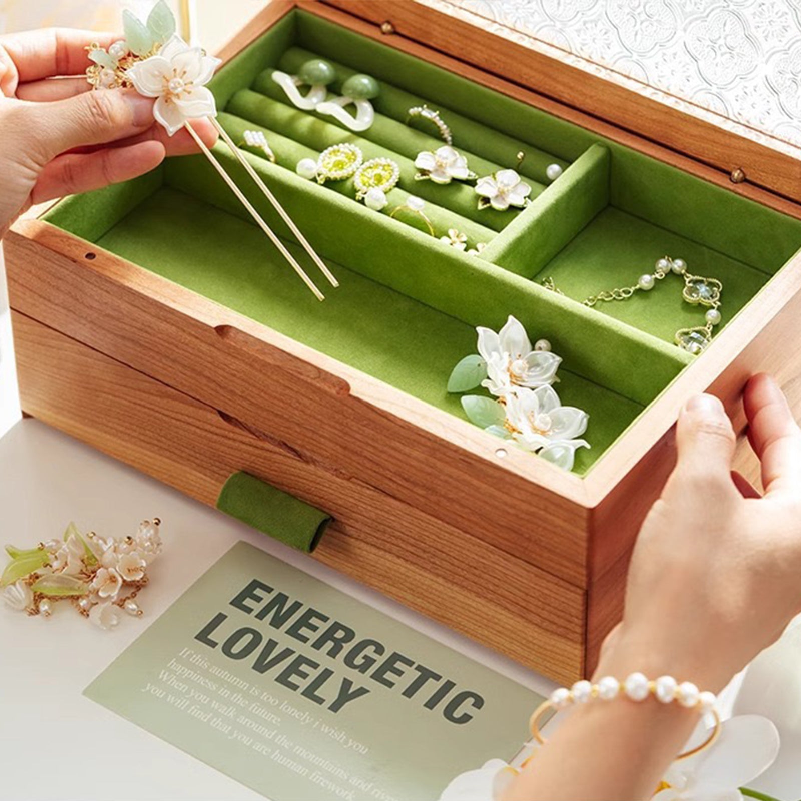 Wooden Jewelry Box Double Layer with Magnetic Closure Solid Wood Storage Organizer for Women