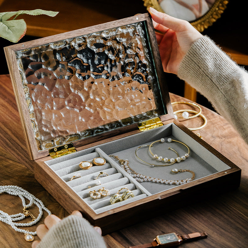 Walnut Jewelry Box with Ripple Glass Lid Soft Velvet Interior and Removable Divider for Earrings Rings and Necklaces