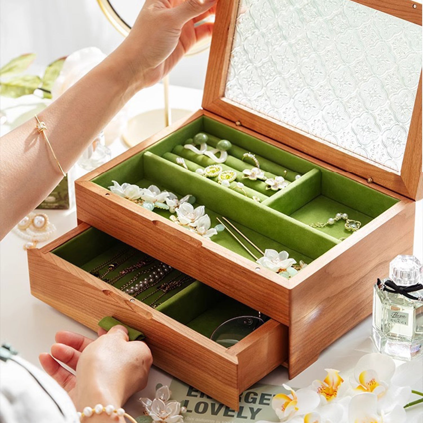 Wooden Jewelry Box Double Layer with Magnetic Closure Solid Wood Storage Organizer for Women