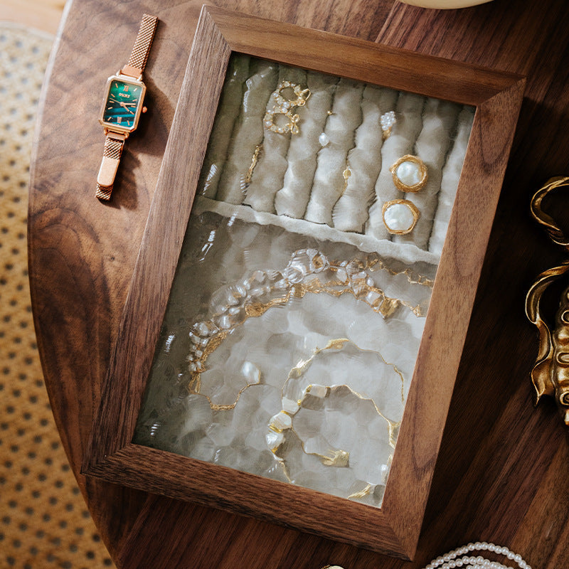 Walnut Jewelry Box with Ripple Glass Lid Soft Velvet Interior and Removable Divider for Earrings Rings and Necklaces