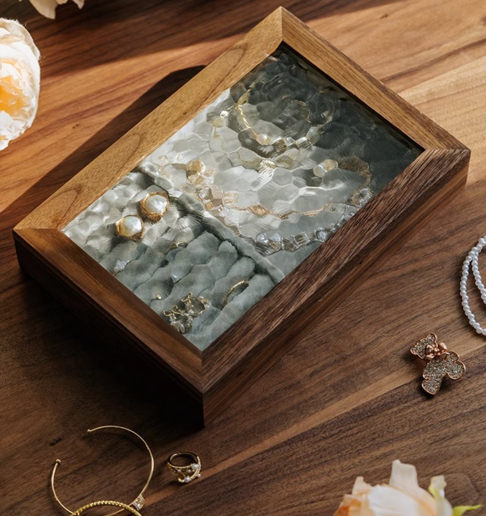 Walnut Jewelry Box with Ripple Glass Lid Soft Velvet Interior and Removable Divider for Earrings Rings and Necklaces