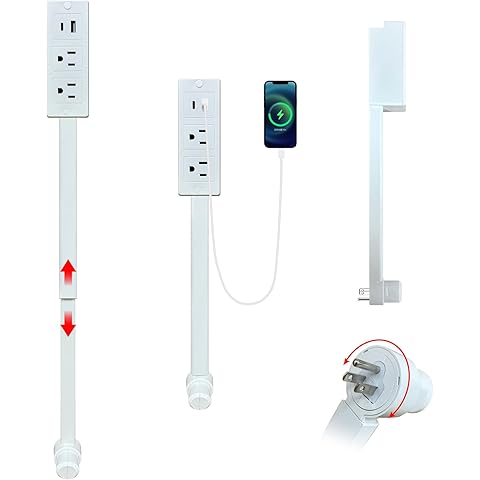 Rotatable 180° Outlet Extender with USB-A/USB-C and Dual AC Outlets, Extendable Stick 17.3–27.5in, Ideal for Hard-to-Reach Wall Sockets