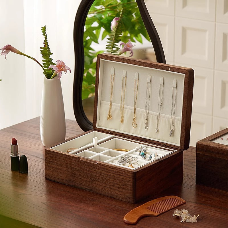 Handcrafted Solid Wood Jewelry Box – Chinese Embroidery, Dual Layer Storage for Daily Use or Gifting