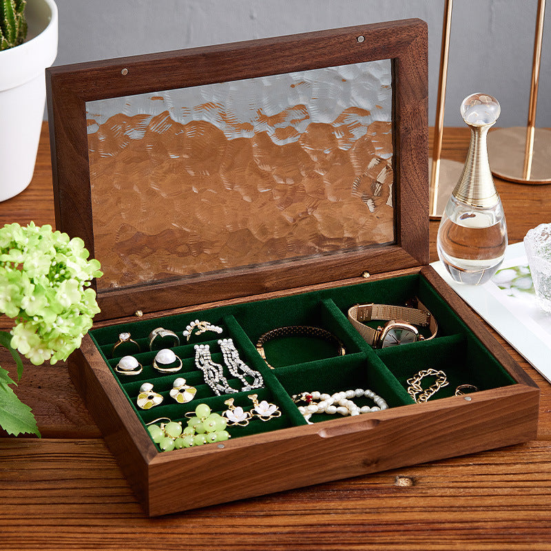Walnut Jewelry Box with Ripple Glass Lid Soft Velvet Interior and Removable Divider for Earrings Rings and Necklaces
