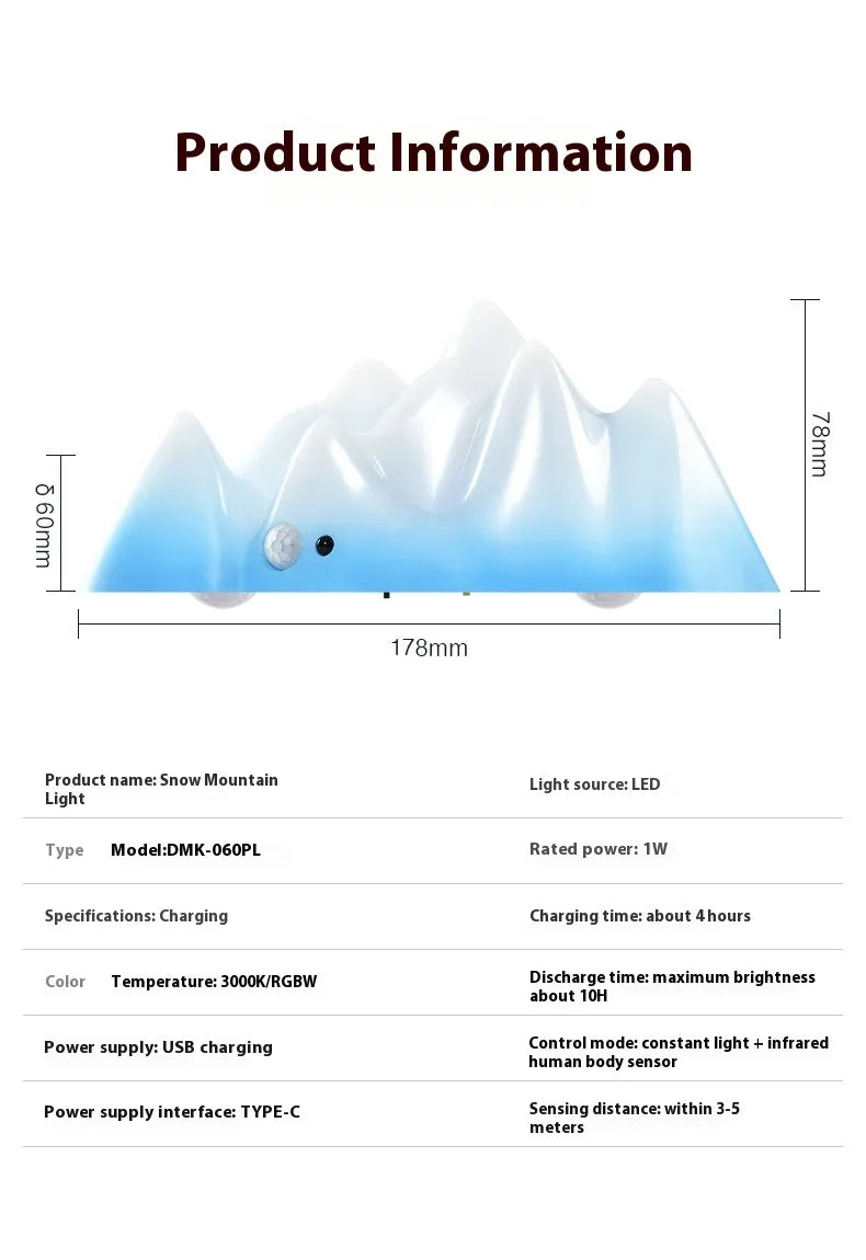 LED Wall Light with Motion Sensor Rechargeable Remote Control Snow Mountain Shape