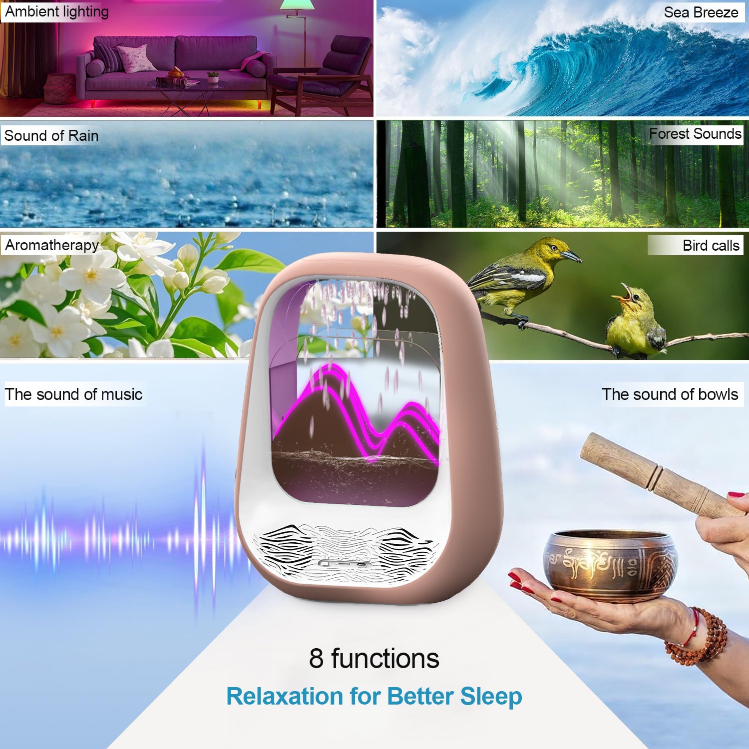 Raindrop Bluetooth Speaker with White Noise, Aroma Diffuser & LED Breathing Light for Stress Relief, Sleep Soundly