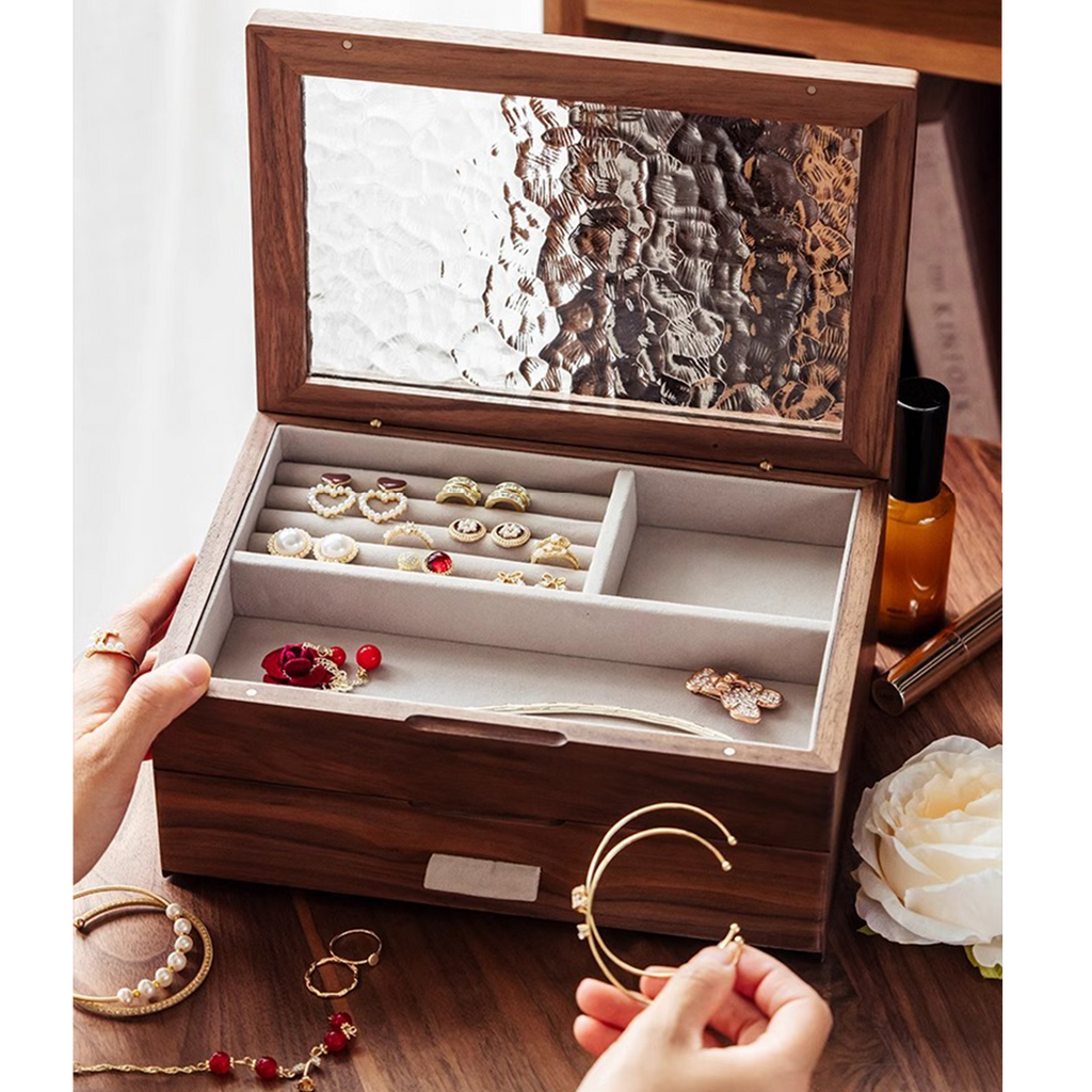 Wooden Jewelry Box Double Layer with Magnetic Closure Solid Wood Storage Organizer for Women