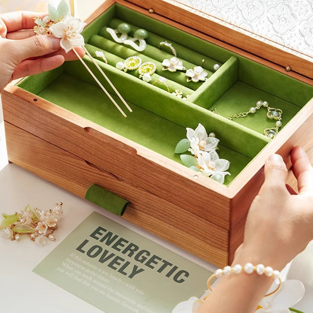 Wooden Jewelry Box Double Layer with Magnetic Closure Solid Wood Storage Organizer for Women