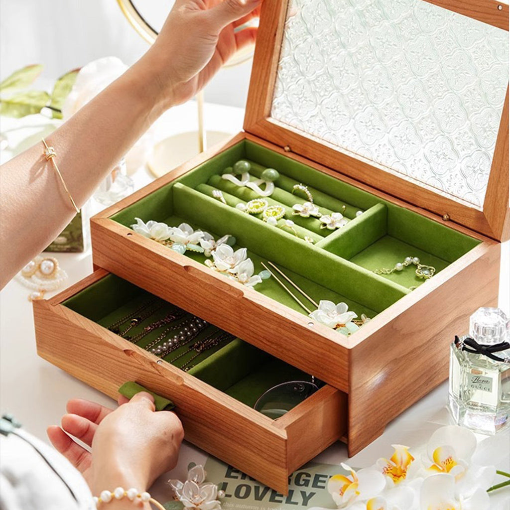 Wooden Jewelry Box Double Layer with Magnetic Closure Solid Wood Storage Organizer for Women