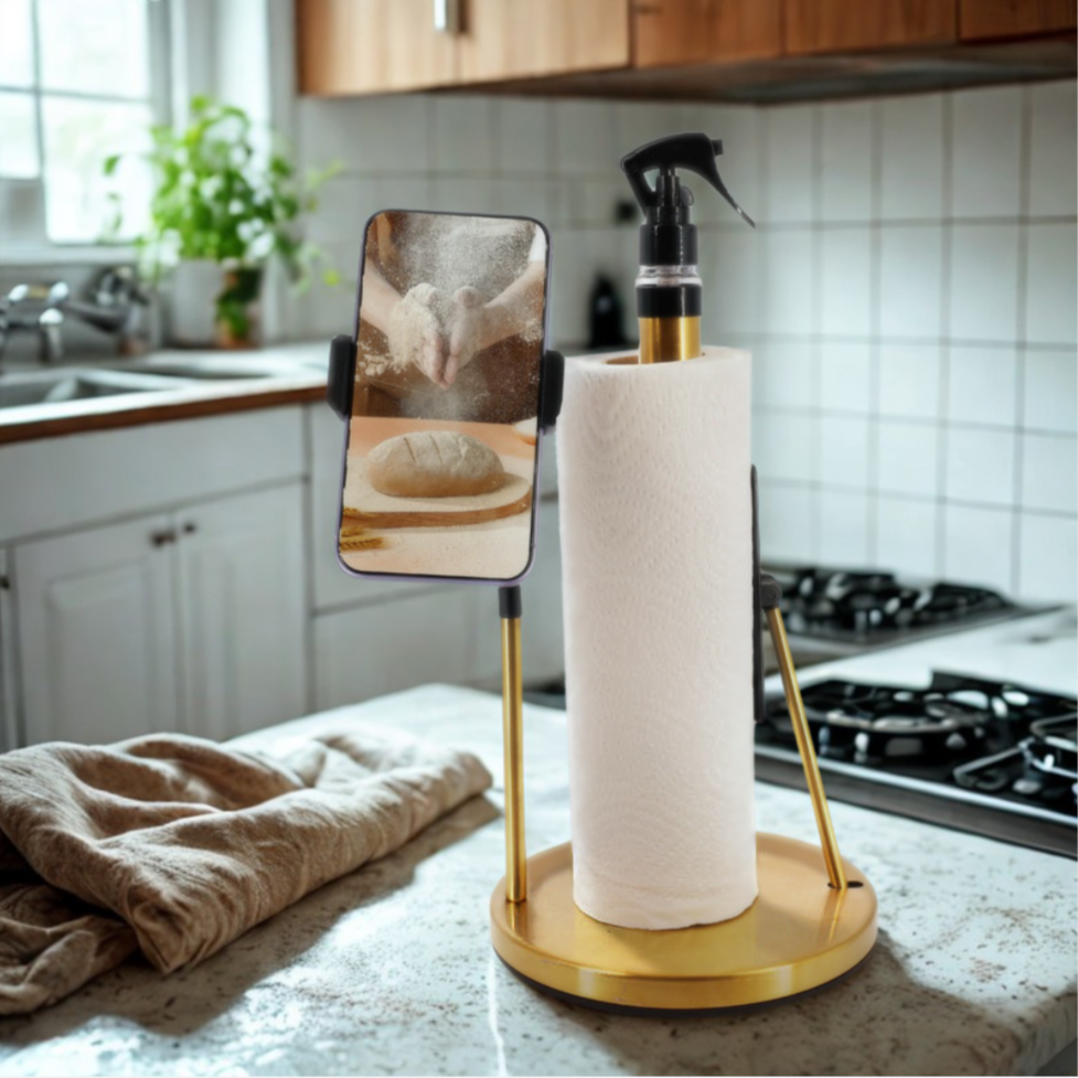All-in-One Standing Paper Towel Holder with Refillable Spray Bottle & Phone Stand