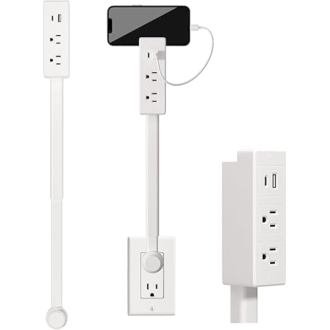 Rotatable 180° Outlet Extender with USB-A/USB-C and Dual AC Outlets, Extendable Stick 17.3–27.5in, Ideal for Hard-to-Reach Wall Sockets