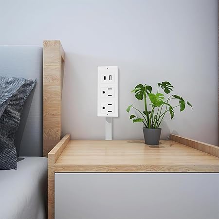 Rotatable 180° Outlet Extender with USB-A/USB-C and Dual AC Outlets, Extendable Stick 17.3–27.5in, Ideal for Hard-to-Reach Wall Sockets