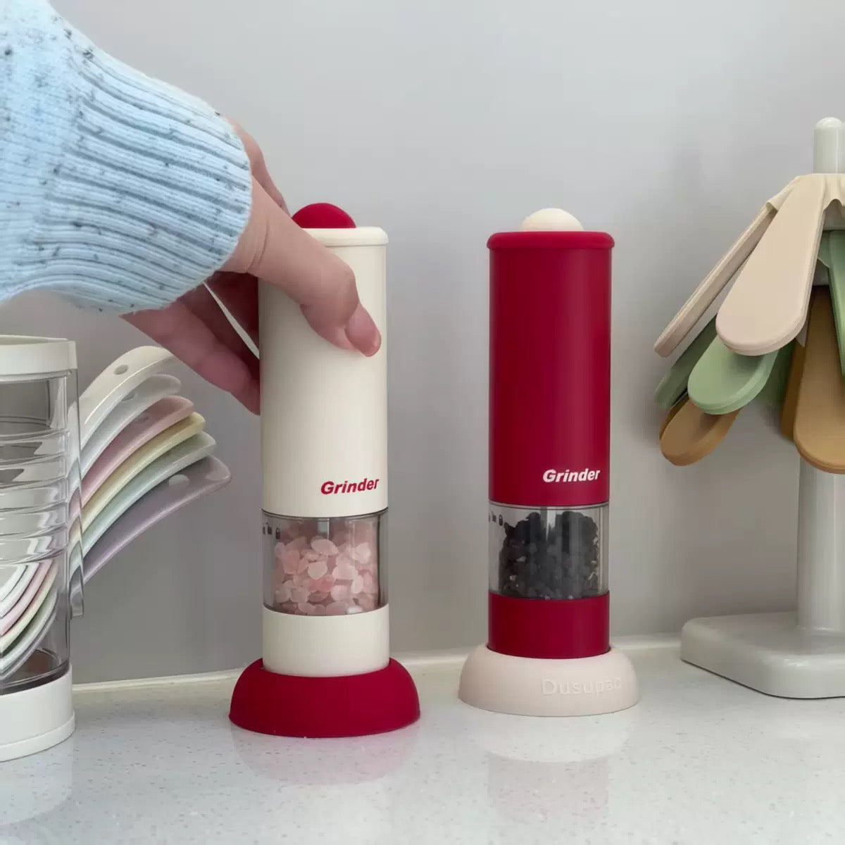 Salt and Pepper Grinder Electric One Touch Mill Adjustable Coarseness Visible Chamber Non Slip Base Multi Purpose Gift for BBQ and Party