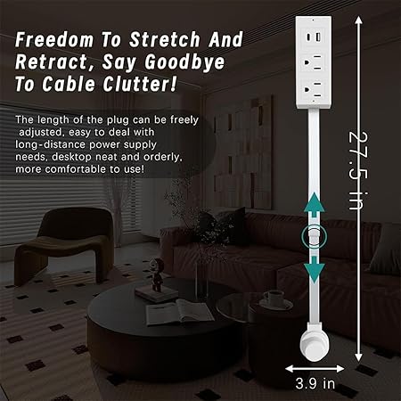 Rotatable 180° Outlet Extender with USB-A/USB-C and Dual AC Outlets, Extendable Stick 17.3–27.5in, Ideal for Hard-to-Reach Wall Sockets