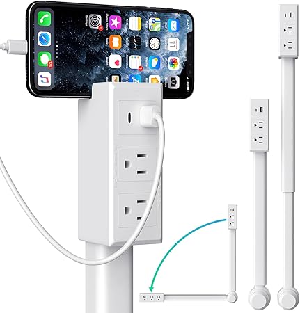 Rotatable 180° Outlet Extender with USB-A/USB-C and Dual AC Outlets, Extendable Stick 17.3–27.5in, Ideal for Hard-to-Reach Wall Sockets