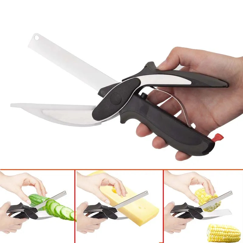 2-in-1 Multi-Function Kitchen Scissors with Built-in Cutting Board – Food Cutter Knife Tool for Vegetables, Fruits, Meat, and Salad Prep