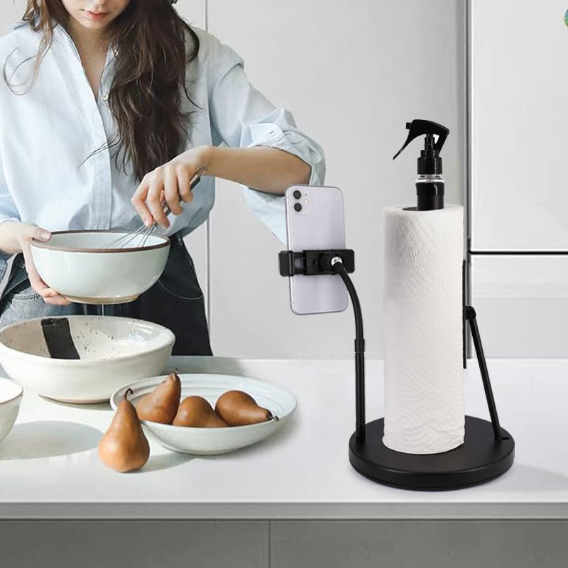 All-in-One Standing Paper Towel Holder with Refillable Spray Bottle & Phone Stand