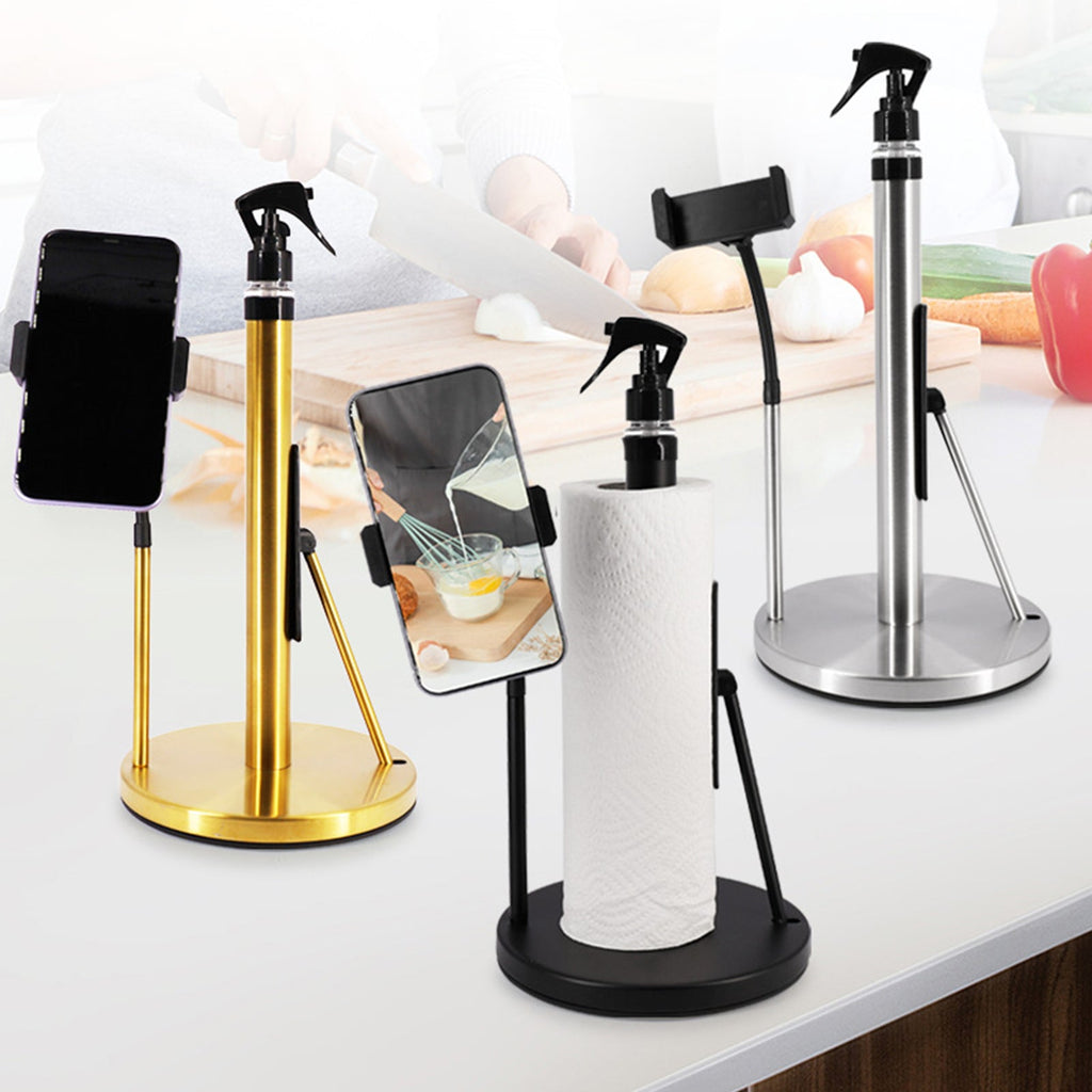 All-in-One Standing Paper Towel Holder with Refillable Spray Bottle & Phone Stand