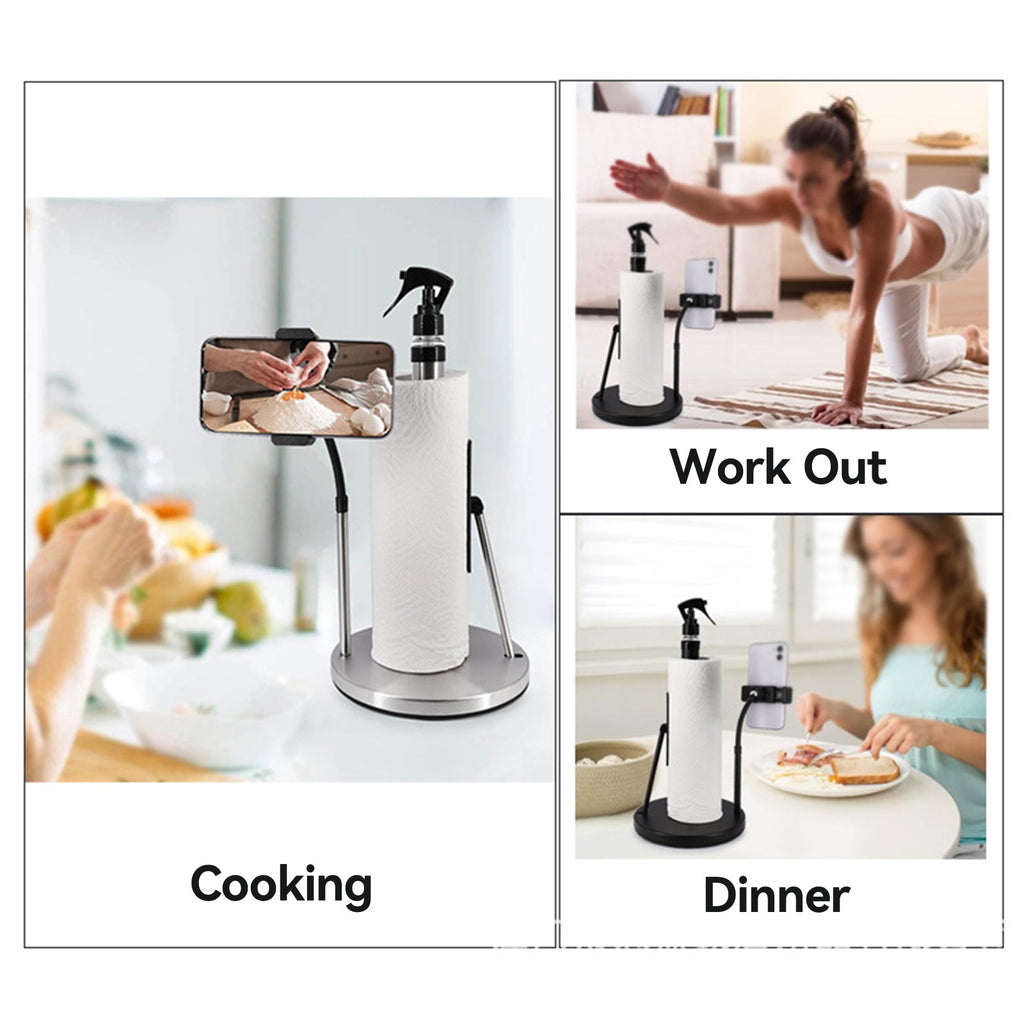 All-in-One Standing Paper Towel Holder with Refillable Spray Bottle & Phone Stand