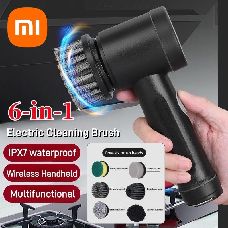 Wireless Electric Cleaning Brush High Power Multi-Function Scrubber with 6 Replaceable Heads for Kitchen & Home