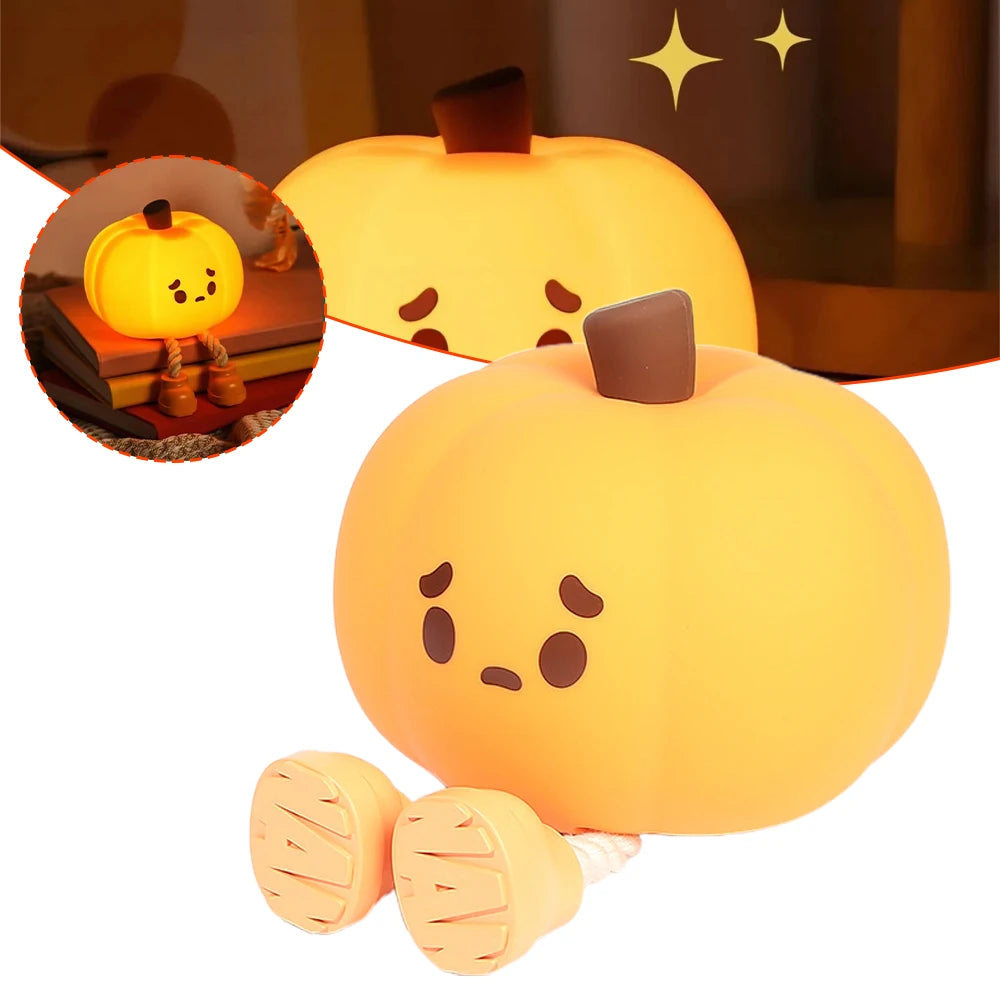 LED Pumpkin Night Lamp Squishy Silicone Rechargeable Light for Bedroom, Desk, Nursery & Seasonal Decor