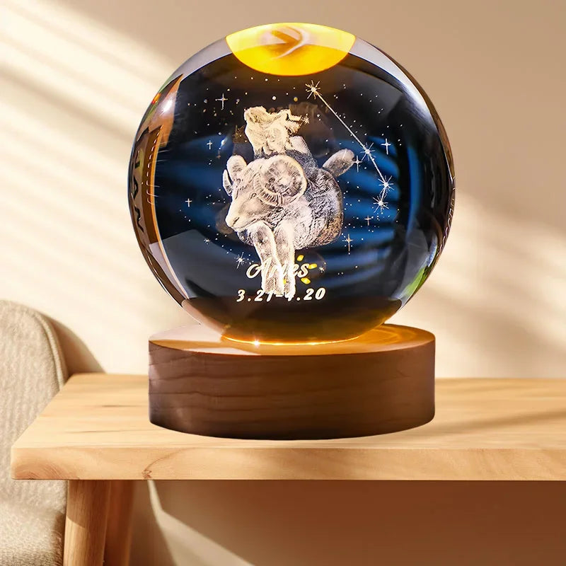 12 Constellation Crystal Ball Zodiac-Inspired Glass Sphere with LED Stand to Illuminate Your Space & Boost Your Energy