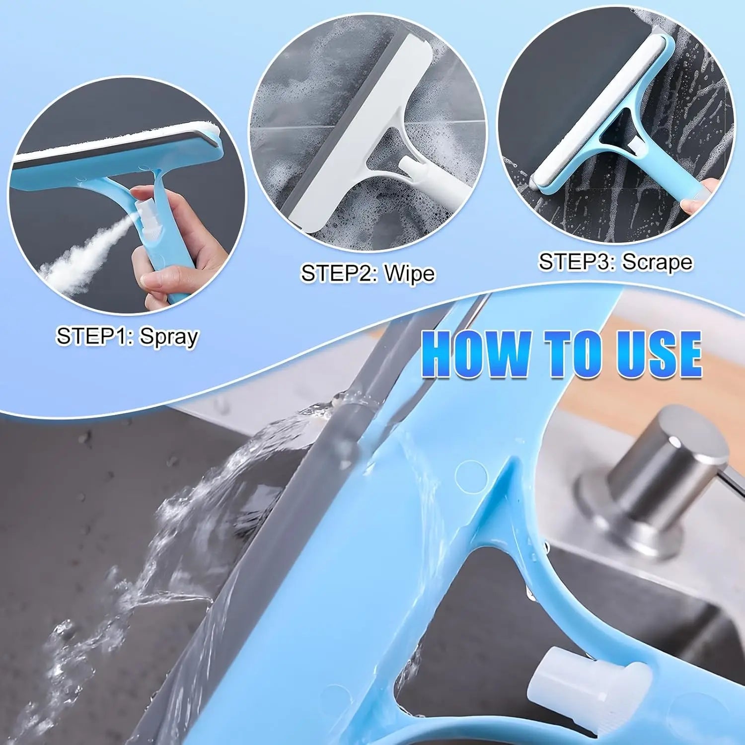 3-in-1 Window Cleaning Squeegee with Spray Bottle & Microfiber Scrubber Multi-Purpose Glass Cleaner Tool for Home, Kitchen, Car & Mirrors