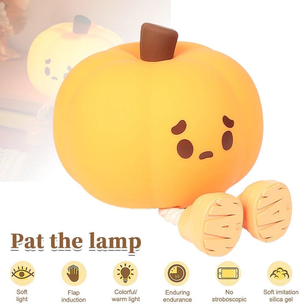 LED Pumpkin Night Lamp Squishy Silicone Rechargeable Light for Bedroom, Desk, Nursery & Seasonal Decor