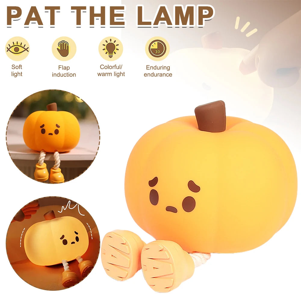 LED Pumpkin Night Lamp Squishy Silicone Rechargeable Light for Bedroom, Desk, Nursery & Seasonal Decor