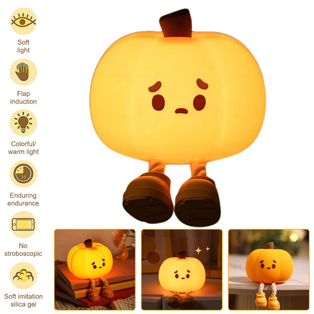 LED Pumpkin Night Lamp Squishy Silicone Rechargeable Light for Bedroom, Desk, Nursery & Seasonal Decor