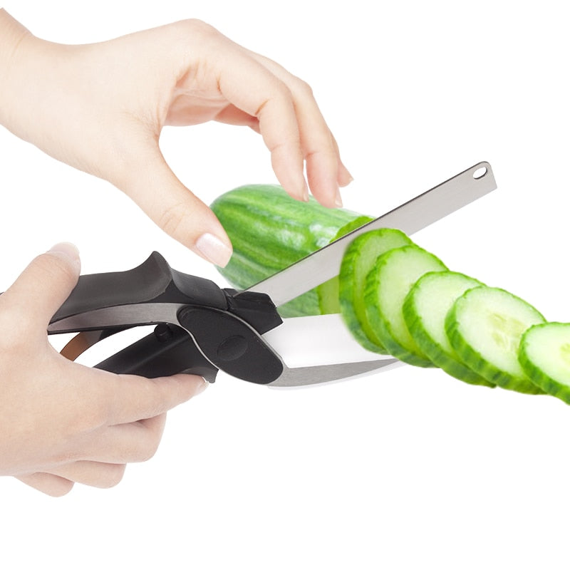 2-in-1 Multi-Function Kitchen Scissors with Built-in Cutting Board – Food Cutter Knife Tool for Vegetables, Fruits, Meat, and Salad Prep