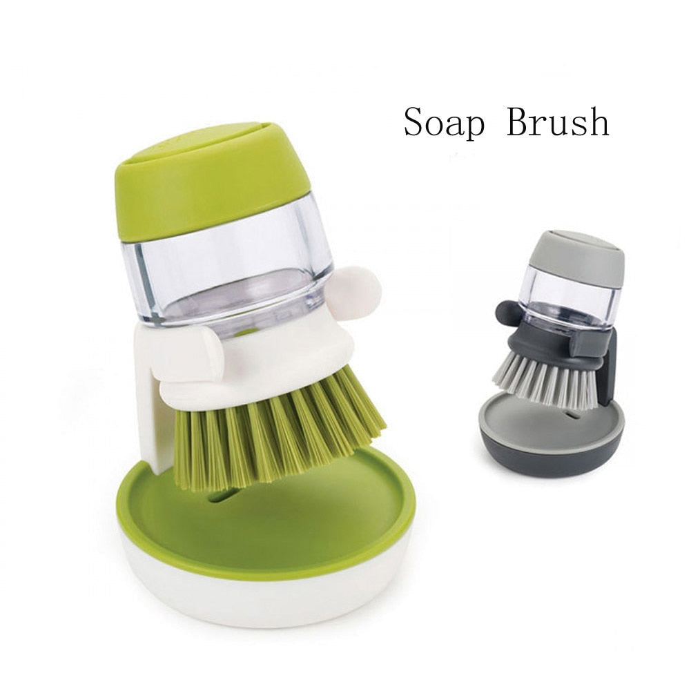 Soap Dispensing Dish Brush with Non-Scratch Bristles and Storage Stand for Pots and Pans
