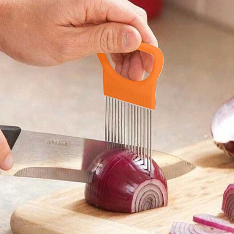 Stainless Steel Onion & Vegetable Slicer Tool Safe Grip Holder for Even Slices